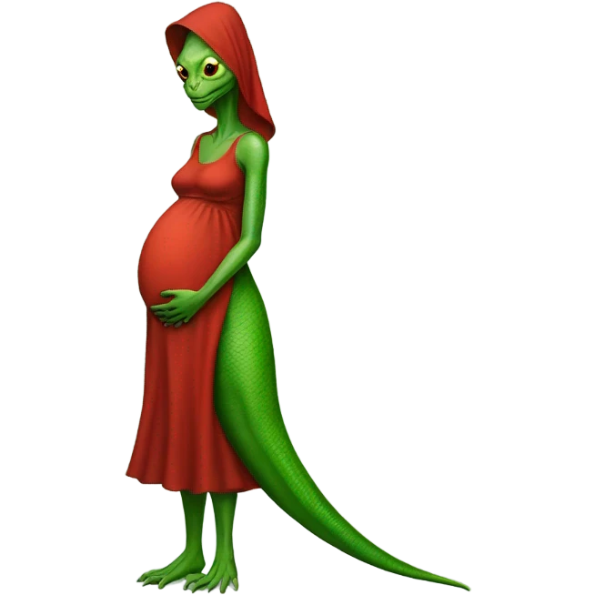 green Pregnant Reptilian alien woman, full body in red dress emoji
