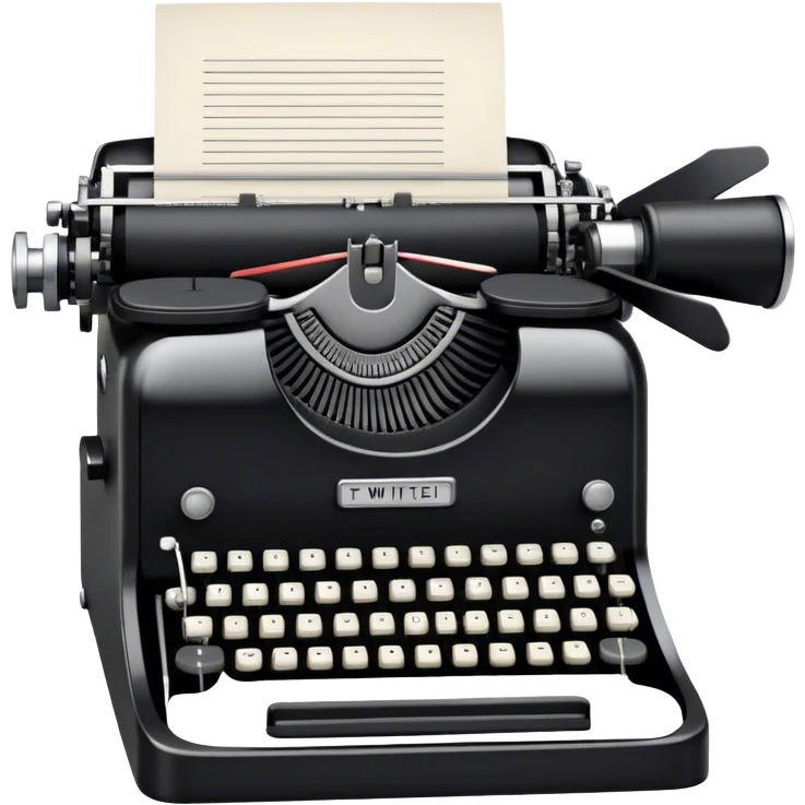 Create an emoji representing screenwriting. The design should feature an open script with visible dialogue and action lines, symbolizing the writing of a screenplay. Include a classic typewriter to signify the process of creating a script and a movie camera behind . Use a professional color palette with black, white, and subtle metallic tones. Do not include any emojis or smiley faces. Make the background transparent. emoji