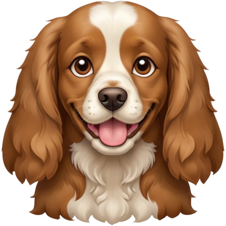 The face of a cute adult cocker spaniel dog, with dark brown ears and back, and golden brown face and chest, with a very happy face emoji