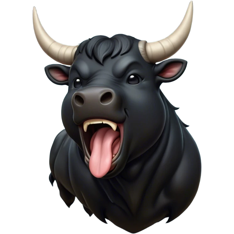 Cinematic Cute Yawning Black Bull Portrait Emoji, Head tilted slightly with a dramatic, wide-open yawn, showcasing a smooth, pure black hide with a subtle texture, floppy ears slightly drooping, round dark eyes barely open in drowsy contentment, Simplified yet irresistibly adorable features, highly detailed, glowing with a soft, cozy glow, high shine, relaxed yet expressive, stylized with a touch of rugged whimsy, bright and endearing, soft glowing outline, capturing the essence of a sleepy yet affectionate guardian, so drowsy it feels like it could charge right out of the screen and curl up for a nap! emoji