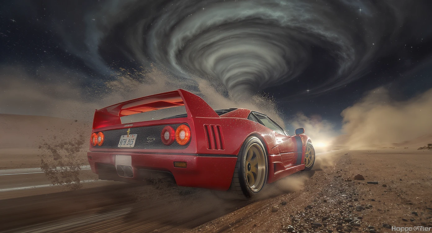 Cinematic still of a ferrari f40 around tornado od arizona desert, sun flare, captured by gopro hero with effect fisheye, water drops on car body, detailed, inspired by interstellar look emoji