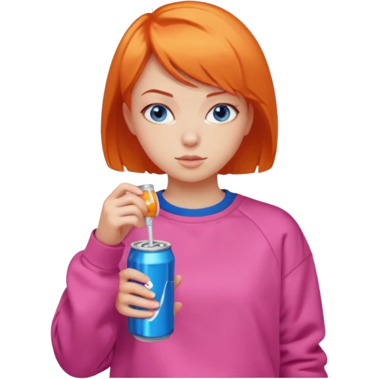 orange short hair girl sipping energy drink, blue eyes, pink sweatshirt emoji