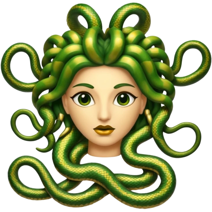The Sicilian Medusa in gold and green and make the snake hair have snake faces  emoji