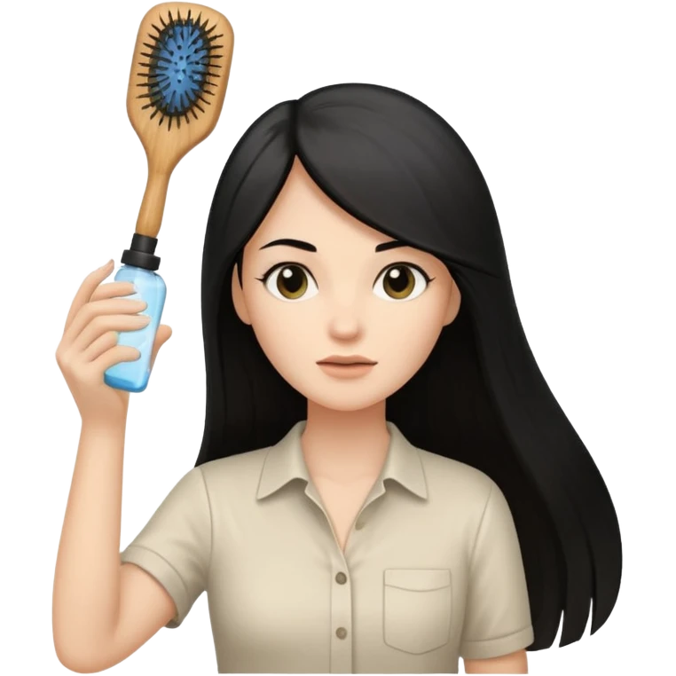 A white woman with long, straight black hair, wearing an ivory-colored shirt, holding a small square wooden paddle hairbrush in her left hand and spraying a hair mist bottle with her right hand toward her hair. emoji