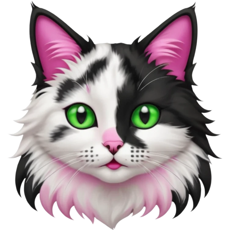 black and white long hair cat. green eyes. black nose and pink lips. black splotch in the shape of a star near nose (on the right side) emoji