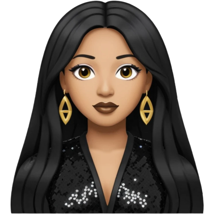 Taj from SWV with long black hair, black sequin outfit emoji