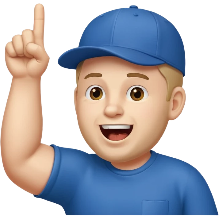 A stocky man with a cap backward, shouting proudly while pointing the foam finger upward. emoji