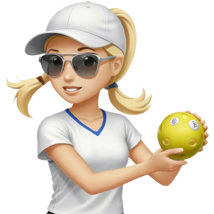 Girl with blond hair in a ponytail wearing a white baseball cap and sunglasses playing pickleball emoji