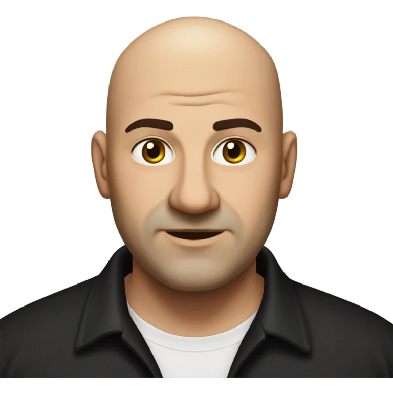 A slightly overweight middle-aged Italian man with olive-toned skin with bald hair and no facial hair. He is wearing a sleek black smart shirt, casually unbuttoned at the top. emoji