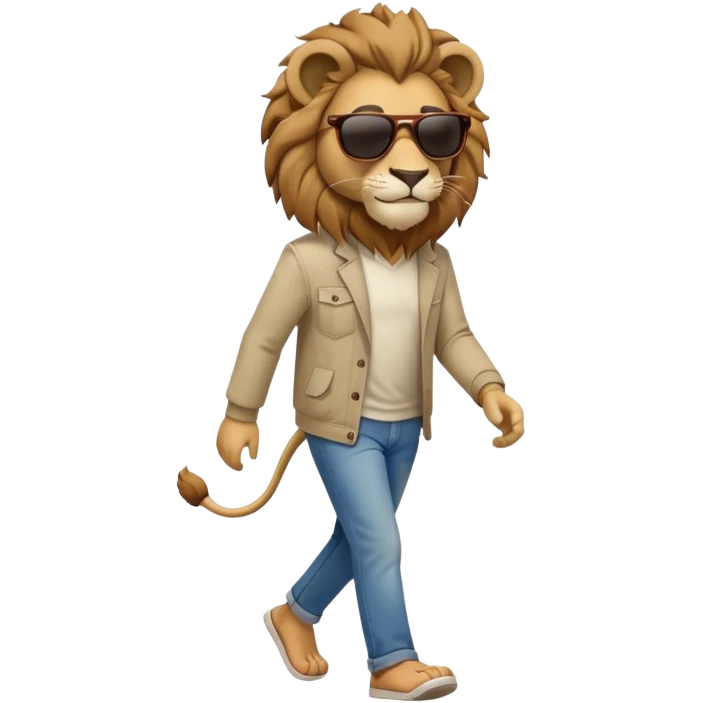 anthropomorphised lion in casual clothes with sunglasses walking upright, relaxed pose emoji