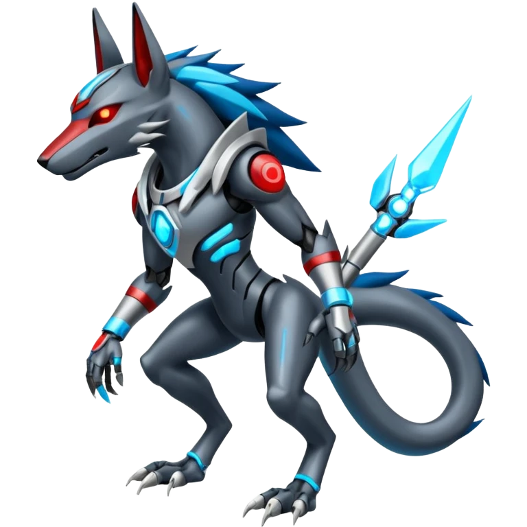 White and blue and cyan and red cyberpunk intricate neon glowing grey white futuristic cyborg-Anubis-Zeraora-Zoroark-fusion (full body) emoji
