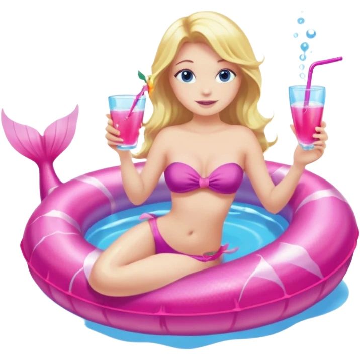 woman who is a mermaid with blonde hair and blue eyes sitting in a pink pool tube in a blue pool sipping a drink wearing a pink bikini top and a pink mermaid tail  emoji