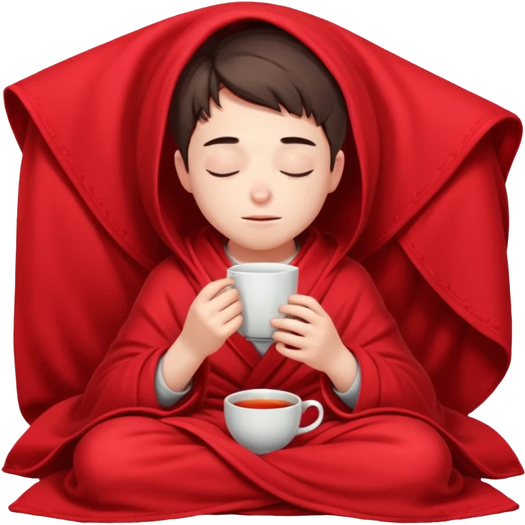 A European boy is sitting comfortably under a blanket, wrapped in a red blanket, drinking tea with his eyes closed. emoji