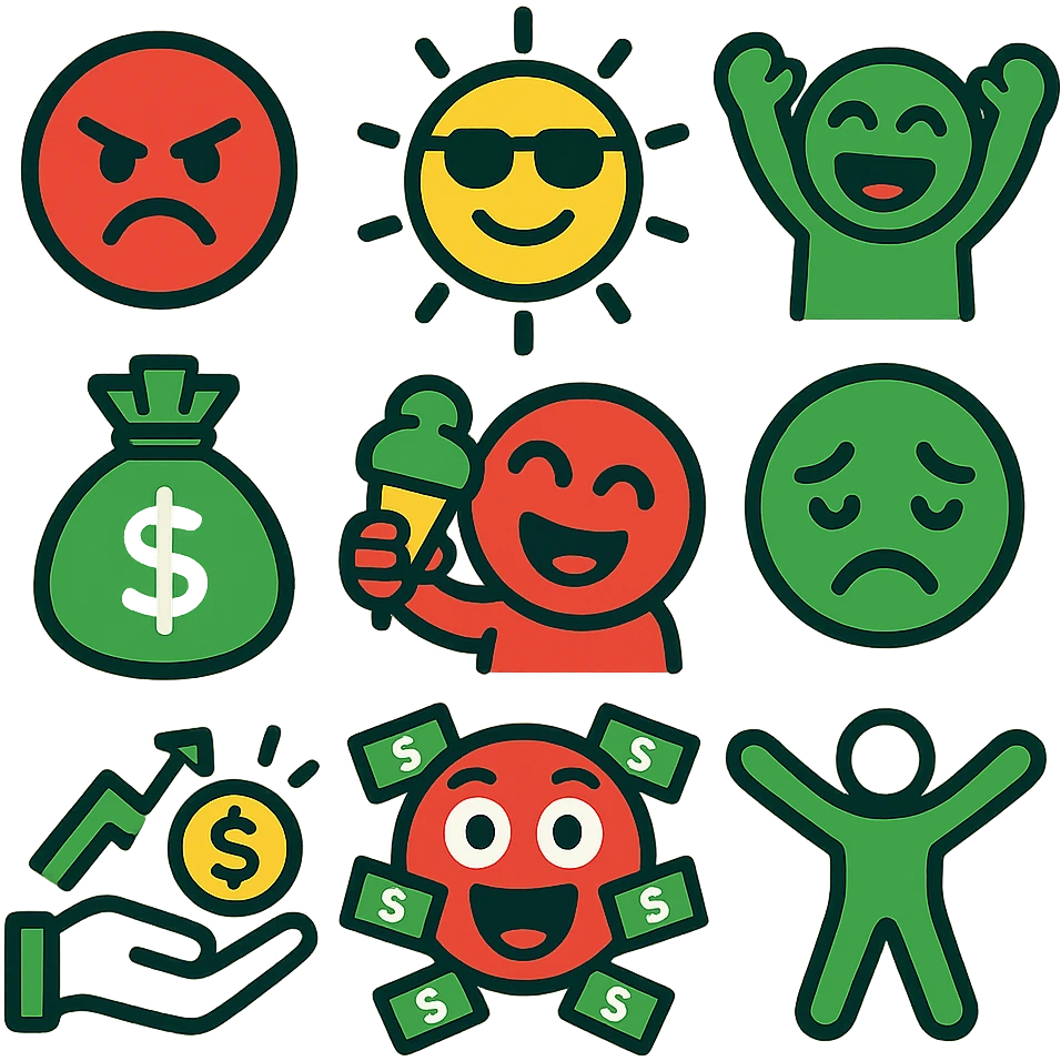 Make the emoji set more colorful with bold reds, greens, and whites inspired by the attached logo. Remove Middle Eastern clothing. Focus on themes of sun, fun, making money, and being free. Include a variety of interactions such as angry, happy, sad, excited, and more. Style should be vibrant and suitable for a Discord server. Keep transparent backgrounds. emoji