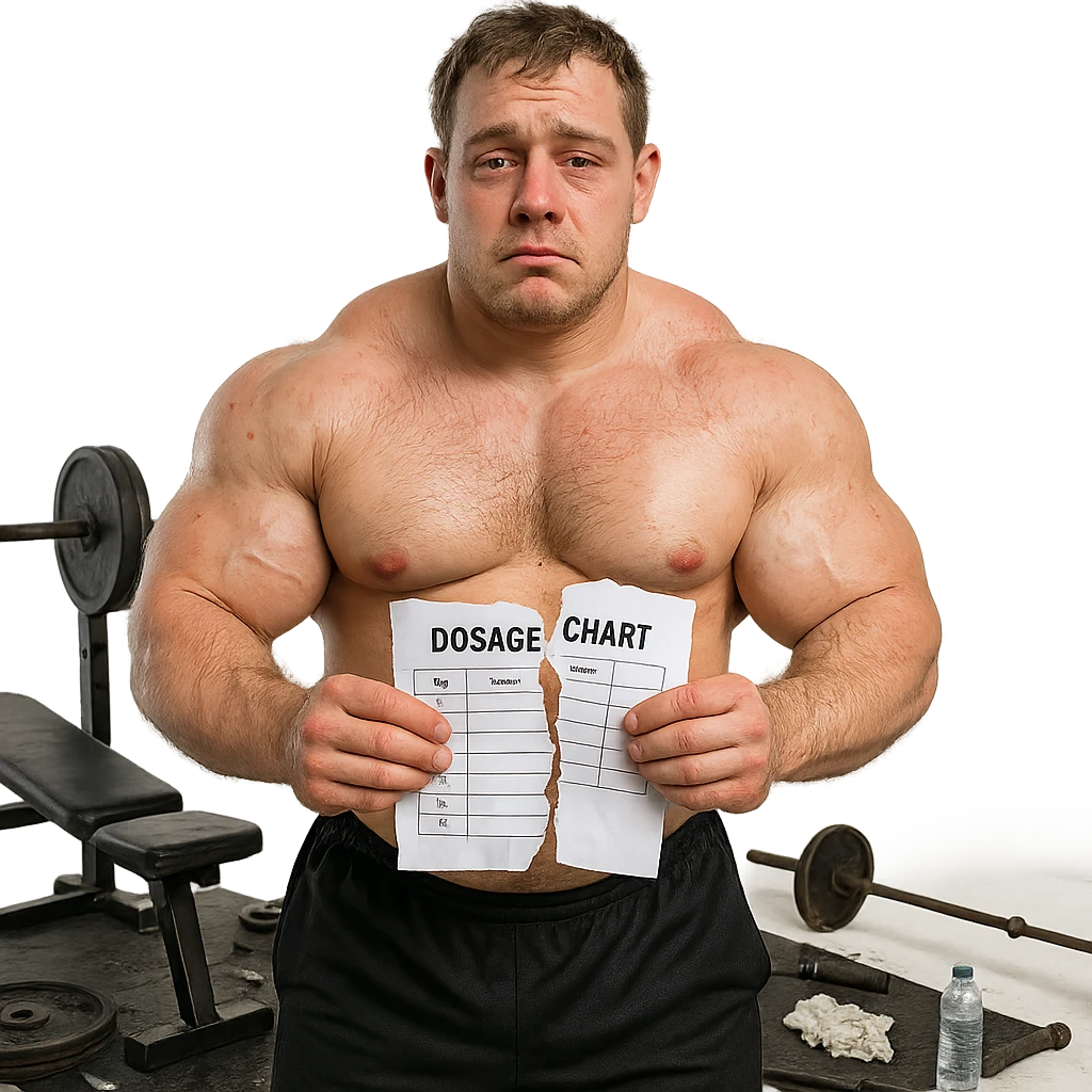 realistic beginner bodybuilder with swollen asymmetric muscles, puffy face and red eyes, torn dosage chart in hand, regretful expression, messy gym, isolated on white background, 4K quality emoji