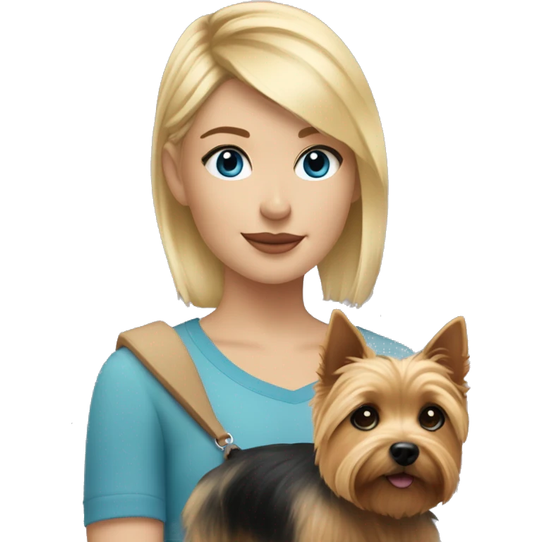 me - girl with blond hair on top and black line under with blue eyes with norwich terrier dog  emoji
