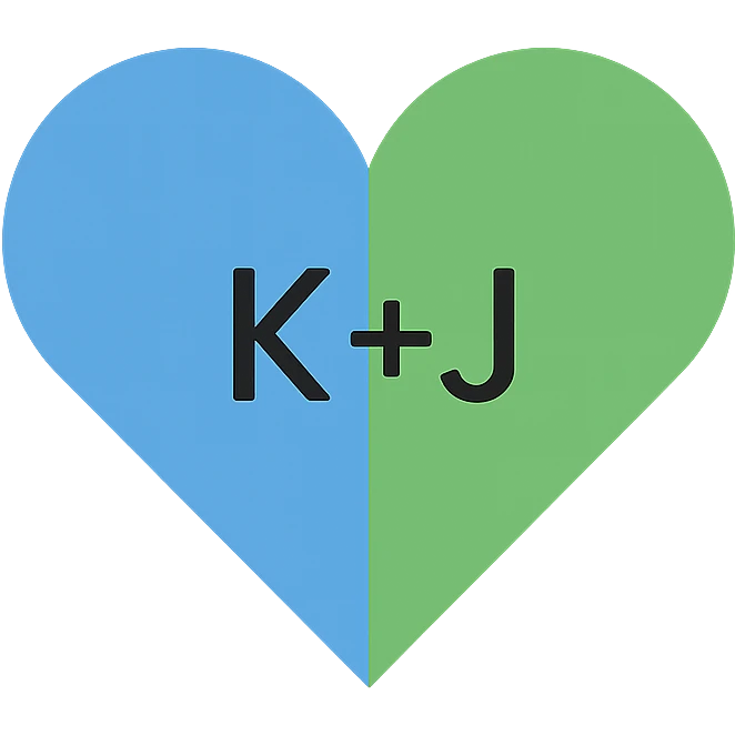 minimalist style blue and green heart with the letters K+J in the center, transparent background emoji