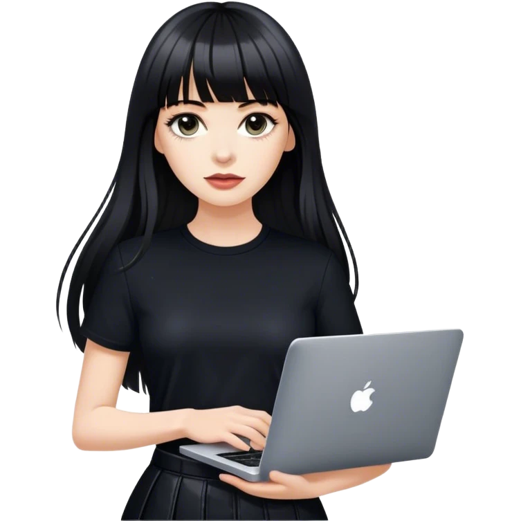 Beautiful white girl, with dark very long hair with bang, wearing black Chanel shirt, holding MacBook  emoji