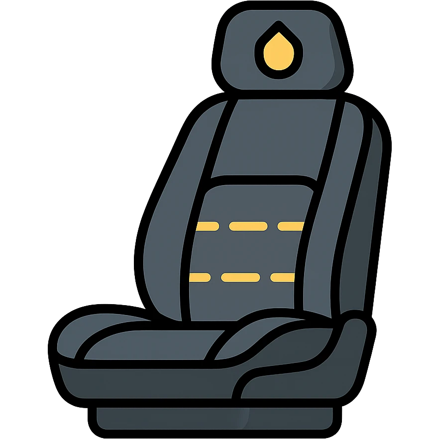 luxury car seat in matte black with a small droplet or shield on the headrest, elegant stitching, minimalist lines, modern and clean style icon emoji