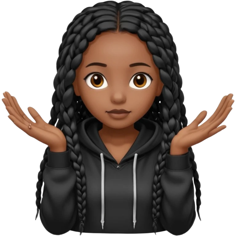 African American dark skin girl with long black box braids wearing a black hoodie with hands together emoji