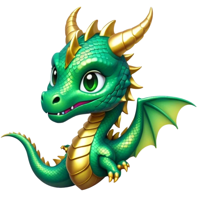 Cinematic Cute Dragon Portrait Emoji, Head tilted playfully and inquisitively, featuring a sleek, serpentine form adorned with iridescent scales that shift between emerald and gold, a delicate set of subtle horns, and round, sparkling eyes full of curious magic; rendered with realistic detail and warm natural light, high shine, affectionate and enchanting, styled with a touch of whimsical fantasy, soft glowing outline, capturing the essence of a mischievous yet lovable dragon that seems poised to slither playfully into your arms! emoji