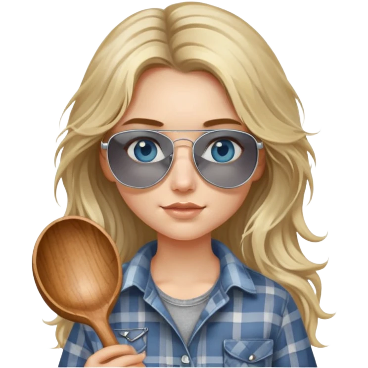 girl with long blond messy hair wearing grey plaid shirt with blue eyes and aviator sunglasses wearing a ring on her silver necklace, holding wooden spoon emoji