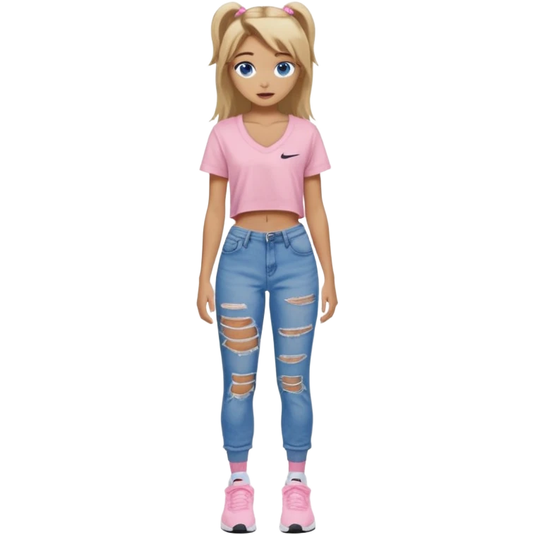 preppy teenage girl, blue eyes, tan, less blonde highlights, brown long hair, wearing ripped blue very long and very baggy jeans with a light pink sexy revealing very low neck crop top, wearing Nike shoes with Nike socks, very sexy, really really long eyelashes, very pretty emoji