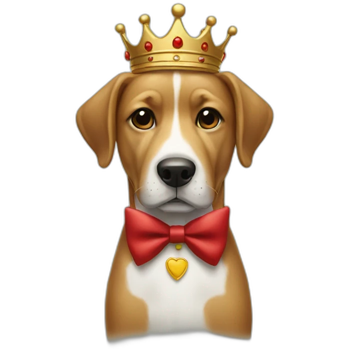 a dog with a crown in a suit with a red bow emoji