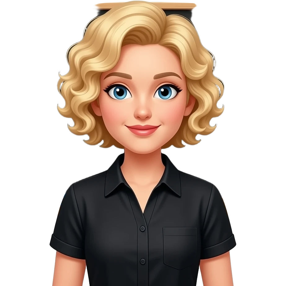 short blonde tight curly hair with a black board and school supplies office supplies in a black short sleeve blouse emoji