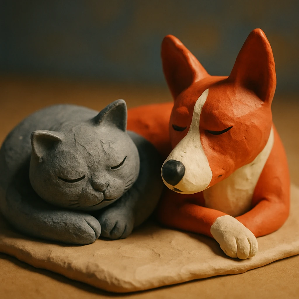 A gray British Shorthair cat curled up and sleeping next to a red Basenji dog emoji