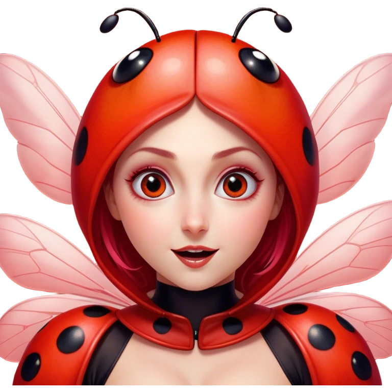 Cinematic Cheeky Ladybug Portrait Emoji, Head tilted dramatically with an exaggeratedly surprised expression, featuring a petite, vibrant form with wide, comically expressive eyes full of playful disbelief and animated, fluttering wings, Simplified yet hilariously expressive features, highly detailed, glowing with a slightly sassy scarlet glow, high shine, dramatic yet playful, stylized with an air of cheeky garden mischief, soft glowing outline, capturing the essence of a meme-worthy ladybug that looks ready to flutter its way into viral fame! emoji