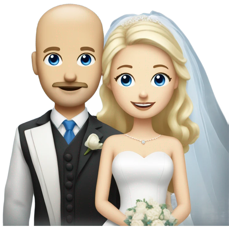 Blonde bride with blue eyes and balding groom with a blonde mustache emoji
