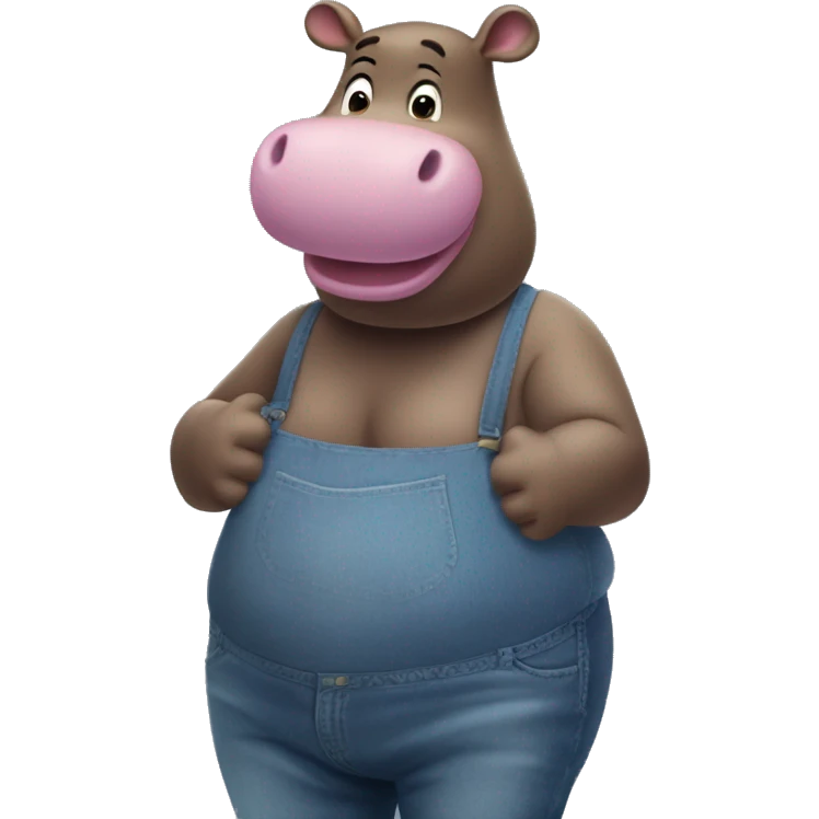 Gloria the Hippo shown in an inflated, massive-shaped form.  Her Blue Shirt and blue jeans that appear tight due to her inflated shape. her head and arms are visible above her ballooned body. her arms are holding her body, Madagascar screencap emoji