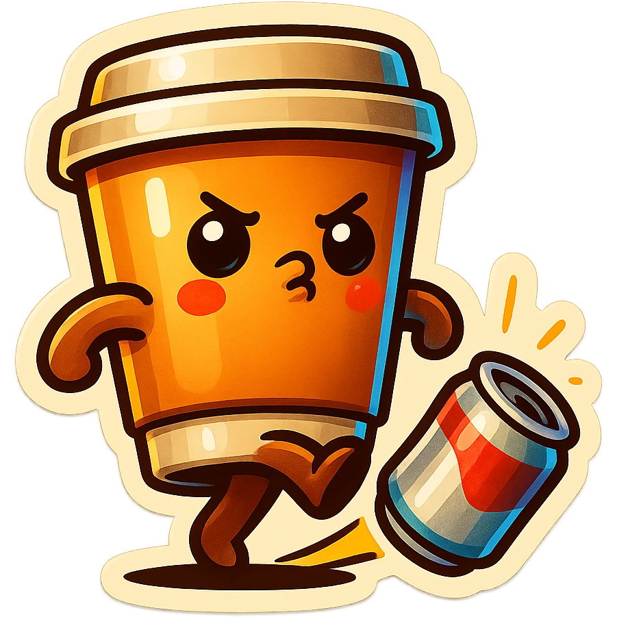 Tall coffee cup, pouting, dramatic, kicking a can emoji
