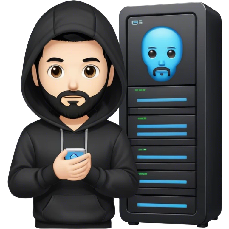 hackeur blanc cheveux noir barbe et capuche noir à côté d'un server ia emoji