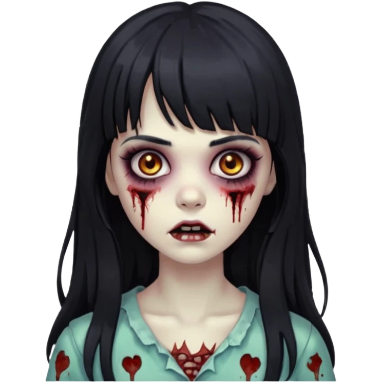Zombie girl, black hair with bangs, slightly wavy, very long hair,long eyelashes, black eyes,iOS style emoji