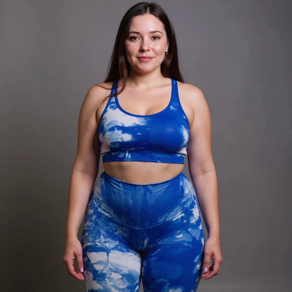 Realistic style image of a woman in sportswear inspired by the reference photo, showing diffuse swelling on legs and abdomen with signs of water retention, natural pose, neutral background. emoji