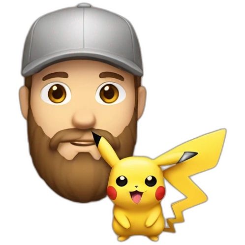 white man with brown hair and beard and a red cap, holding and a pikachu pokemon emoji
