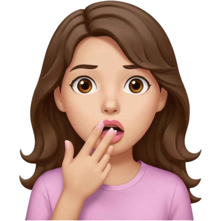 girl with wavy long brown hair, brown eyes, light to medium complexion, long lashes, light pink lipstick, wearing light pink shirt, shocked, hand covering mouth emoji