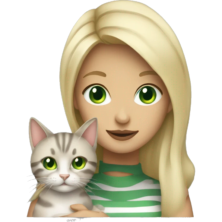 blonde woman green eyes holding gray striped cat emoji