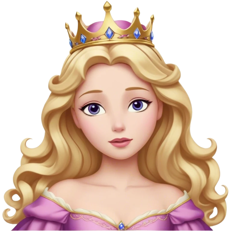 Cinematic Realistic Sleeping Beauty (Aurora) Portrait, with porcelain-like skin featuring a natural rosy flush, illuminated by soft lighting that highlights the gentle contours of her face. Her golden blonde hair flows in soft, detailed waves with subtle highlights that shimmer in the light. Her deep violet-blue eyes radiate warmth and innocence, framed by arched brows and long lashes. Her serene expression exudes quiet elegance. She is dressed in her classic pink gown, the fabric rich in texture with delicate folds that catch the light. A golden crown rests atop her head, gleaming with royal refinement. The portrait captures a soft, glowing aura, blending realism with an ethereal sense of beauty and timeless enchantment. emoji