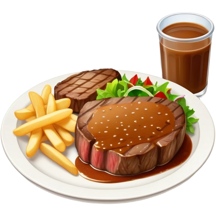 big juicy australian steak meal featuring chips, small salad in a ramikan and gravy  emoji