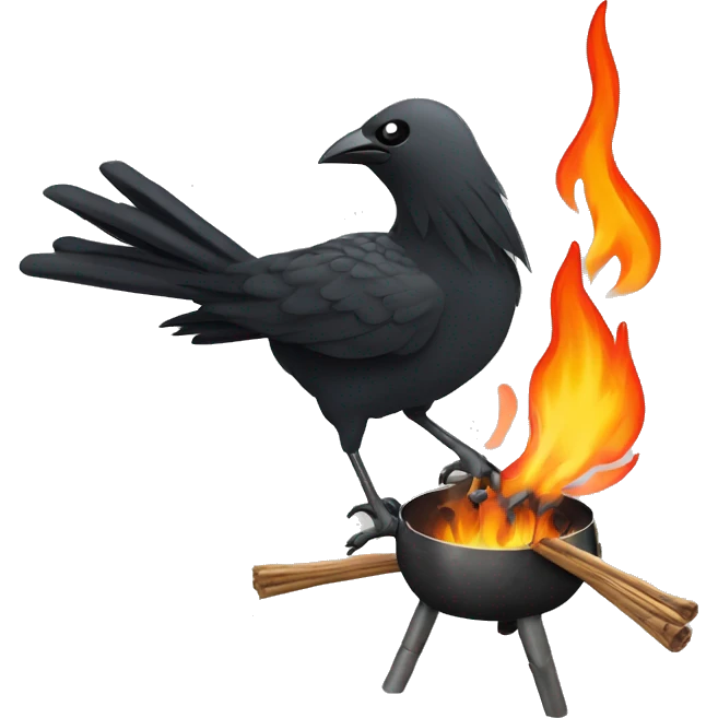 An edgy bird, Rook fletching sticks and putting them in to a burning brazier in a winter storm emoji