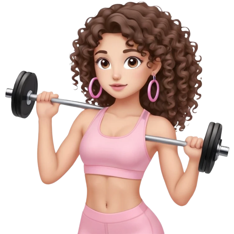 cute balayage brunette long hair curly/wavy haired girl, hoop earrings, clean girl makeup DOING EXERCISE with weights with a cute pastel pink set emoji