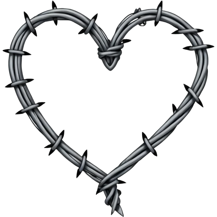 Minimal black line art heart made from barbed wire, hand-drawn sketch look, uneven ink strokes, 6–7 barbs with twisted knots, simple clean outline, centered on plain white background, high contrast emoji