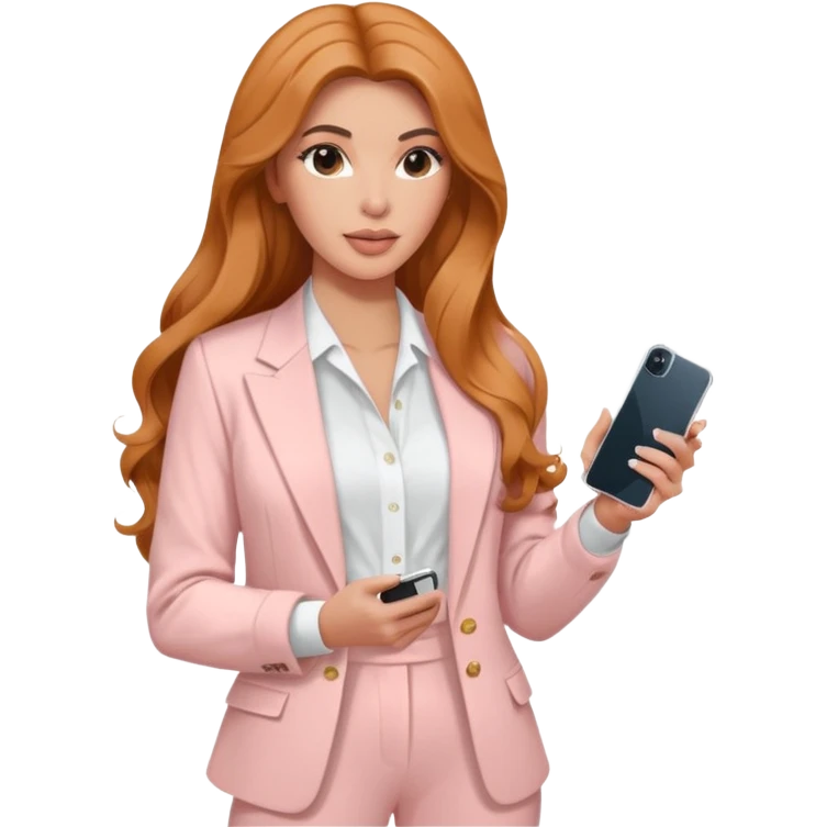 pale skin Kim Kardashian with ginger wavy long Hair, light pink  Spacious classical jacket, light pink palazzo Arrow pants and white blouse holding white IPhone 15 pro in the hands emoji