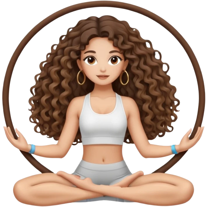 cute balayage brunette long hair curly/wavy haired girl, hoop earrings, clean girl makeup DOING a YOGA pose emoji