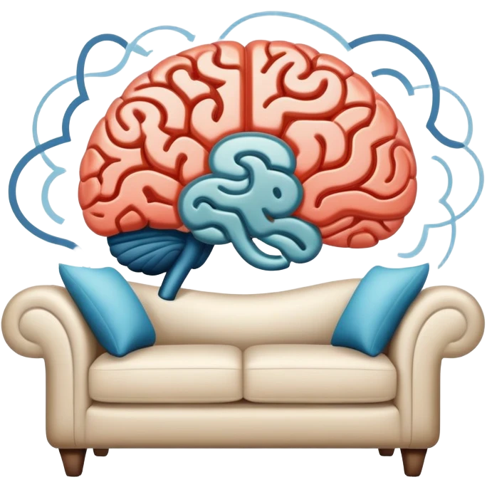 An icon featuring a brain, a couch, and a psychological test, symbolizing the study of psychology. The design includes abstract patterns representing the mind, with a calm, therapeutic setting in the background. Transparent background highlights the exploration of human behavior and mental health. emoji