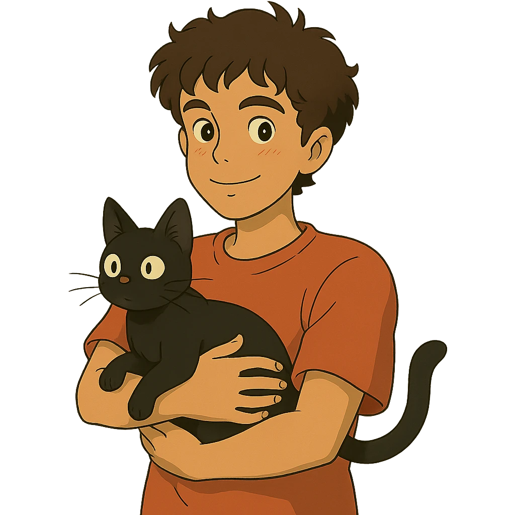 ghibli style young male with brown light skin, slightly curly hair, holding a black cat emoji