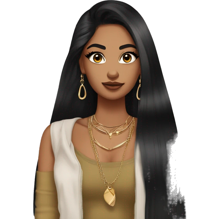 Glamorous, streetwear, black hair, long straight hair, olive skin, brown almond eyes, winged eyeliner with big lashes, wearing hooped earrings, rings and bracelets, almond fake nails emoji
